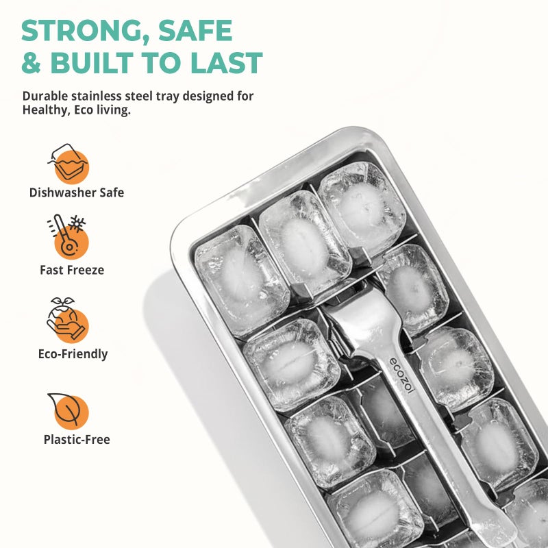 Ecozoi Stainless Steel Ice Cube Tray - 2 Pack of 18-Slot Metal Ice Cube Trays with Easy Release Lever - Plastic-Free, Eco-Friendly, Stackable Retro Vintage Ice Trays for Bars & Kitchens - Image 3